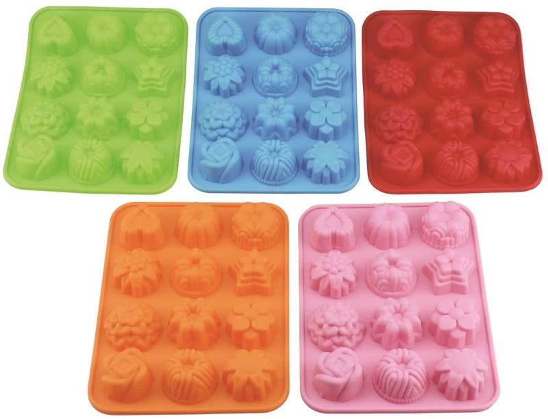 Photo 1 of (Pack of 5) 12 Cavity Silicone Flower Soap Mold Cake Bread Mold Chocolate Jelly Candy Baking Mould - 5 Colors(Pink, Blue, Orange, Green, Red)