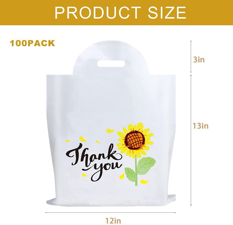 Photo 1 of 100 Pcs Thank You Merchandise Sunflower Bag 12X16,Shopping Bags Retail Bags with Handles for Birthday Wedding and Party Celebrations Wrapping Presents,Reusable Gift Bags in Bulk for Small Retail Shops
