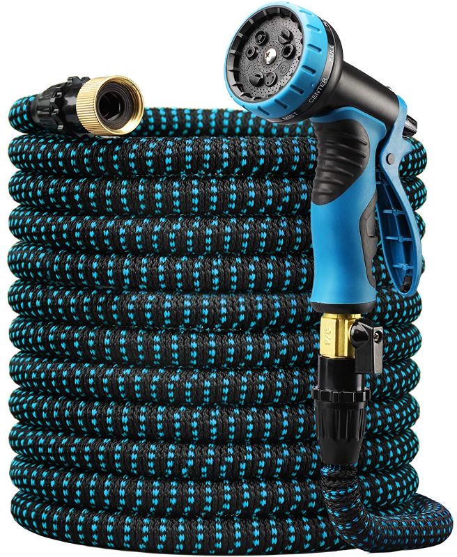 Photo 1 of Delxo Expandable Garden Hose,100FT Water Hose with 9-Function High-Pressure Spray Nozzle, Heavy Duty Flexible Hose, 3/4" Solid Brass Fittings Leakproof Design
