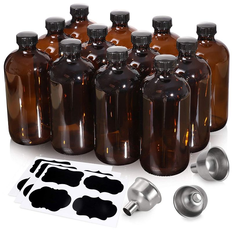 Photo 1 of [ 12 Pack, 16 OZ ] Glass Amber Bottles with Black Poly Cone Cap & 3 Stainless Steel Funnels & 12 Labels - 480ml Boston Round Sample Bottles, Brown Glass Apothecary Bottles
