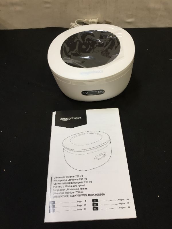 Photo 2 of Amazon Basics Ultrasonic Cleaner with Digital Display, 5 Preset Cycles, 750ml - white, 110V
