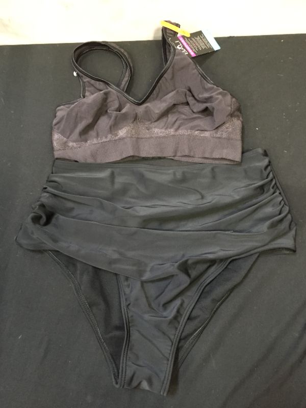 Photo 1 of Bali Comfort Revolution ComfortFlex Fit Seamless 2-ply Wireless Bra (Small), and Medium Black Ruffled Underwear