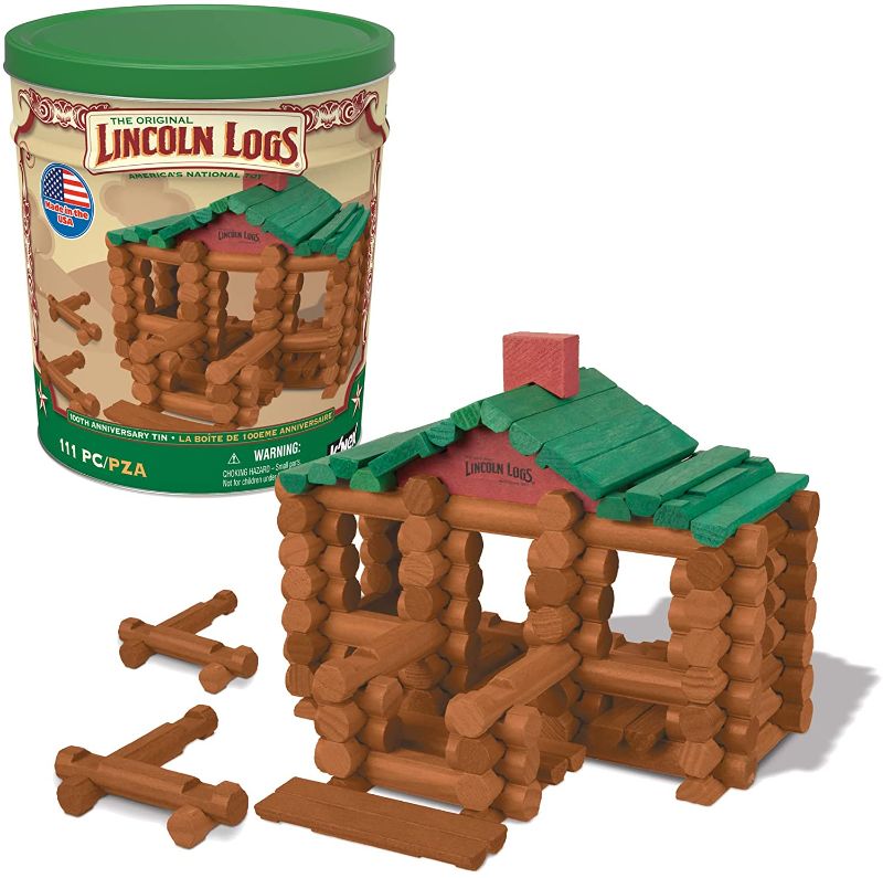 Photo 1 of Lincoln Logs –100th Anniversary Tin-111 Pieces-Real Wood Logs-Ages 3+ - Best Retro Building Gift Set for Boys/Girls - Creative Construction Engineering – Top Blocks Game Kit - Preschool Education Toy, Brown (854)