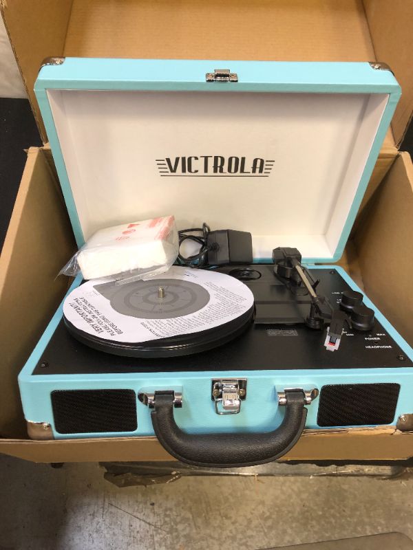 Photo 2 of Victrola Vintage 3-Speed Bluetooth Portable Suitcase Record Player with Built-in Speakers | Upgraded Turntable Audio Sound| Includes Extra Stylus | Turquoise, Model Number: VSC-550BT