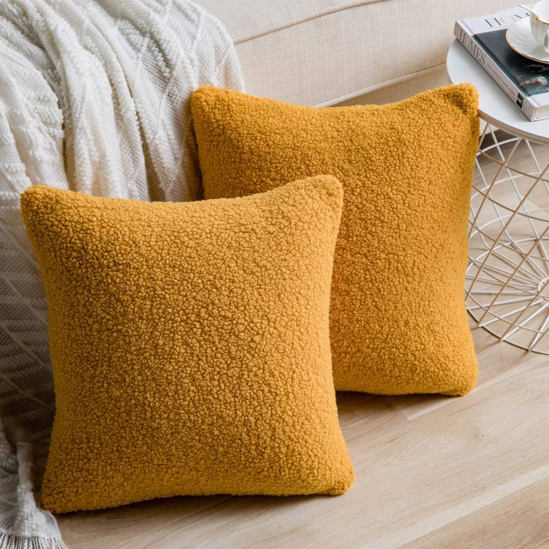 Photo 1 of Anickal Set of 2 Ochre Yellow Decorative Luxury Faux Curly Wool Fur Pillow Covers 18x18 Inch Soft Wool Square Throw Pillow Cases Cushion Covers for Sofa Couch Bedroom Living Room Home Decoration 2 pack 
