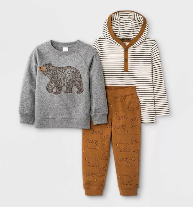 Photo 1 of Toddler Boys' 3pc Long Sleeve 'Bear' Sweatshirt & Jogger Pants Set - Just One You made by carter's Brown/Gray 5T