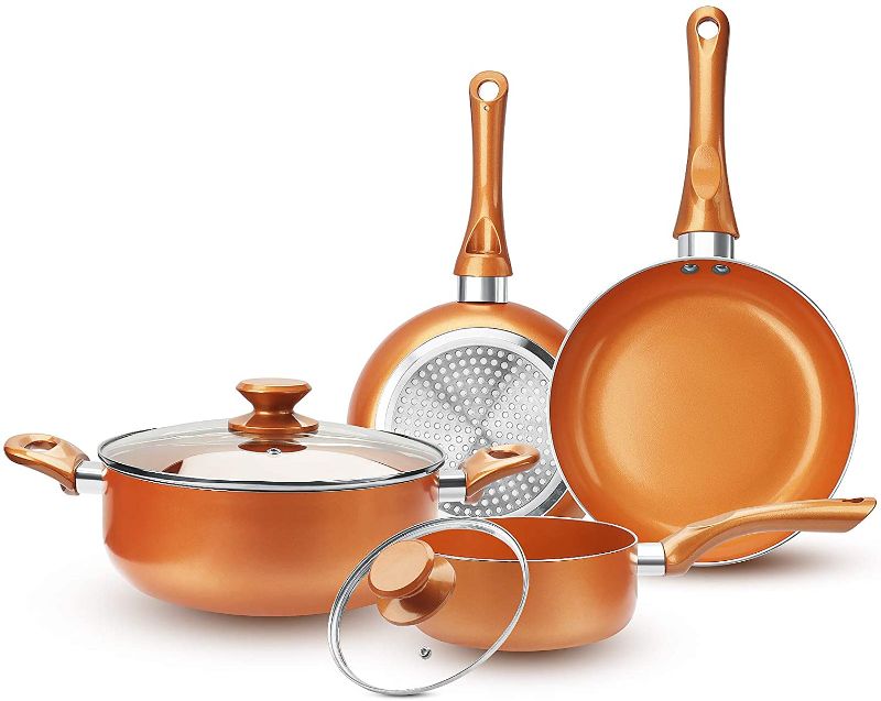 Photo 1 of  6-piece Nonstick Kitchen Cookware Set, Ceramic Coating Cooking Pot and Pans Set, Stock Pot/Milk Pot/Frying Pans Set, Copper Aluminum Pan with Lid, Induction/Gas Kitchenware Set