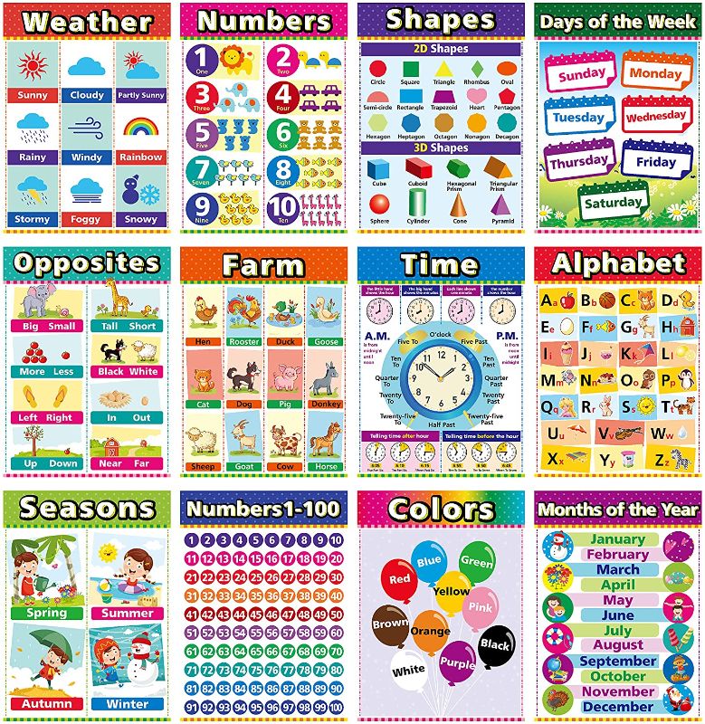 Photo 1 of Educational Posters for Kindergarten, Preschool Learning Posters, Laminated Learning Charts for Toddlers, Elementary Posters for Classroom, School Supplies Includes Numbers, Time (12 Pack A)