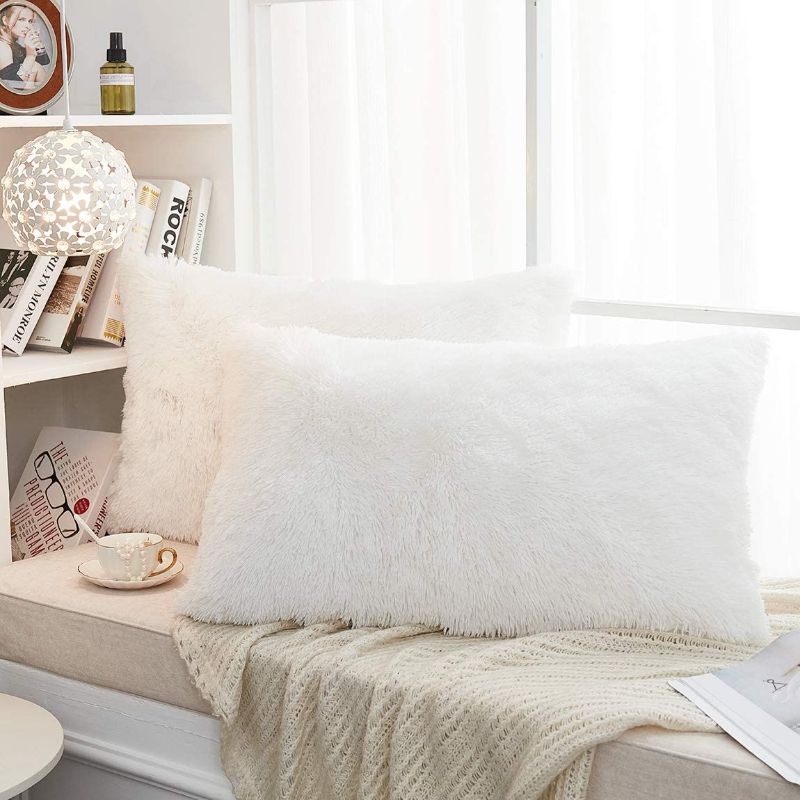 Photo 1 of JAUXIO Long Faux Fur Soft Soild Decorative Pillowcase Fluffy Throw Pillow Cover Velvet Shaggy Plush Cushion Case Set of 2 Zipper Closure (White, 12"X20")

