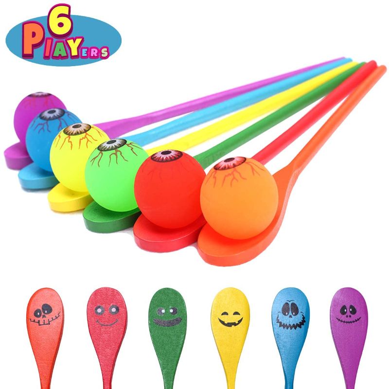 Photo 1 of Halloween Egg and Spoon Race Game Set, 6 Wooden Spoons & 6 Glow in The Dark Bouncing Balls with Assorted Colors for Halloween Bouncy Party Favor Supplies, Halloween Outdoor Fun Games for Kids Adults, Classroom Activities
