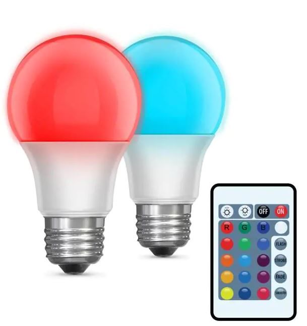 Photo 1 of 5-Watt Equivalent A19 Medium E26 Base Color Changing Party Bulb Party LED Light Bulb with Remote (2-Pack)