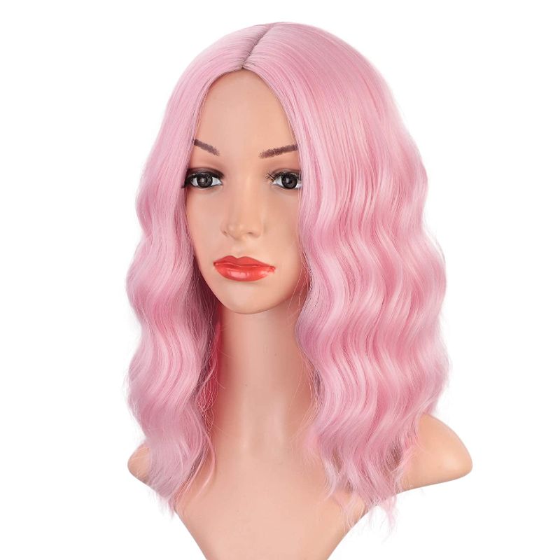 Photo 1 of Earfodo Light Pink Wig For Women Short Curly Wavy Bob Wig 14 Inch Shoulder Length Middle Part Pastel Pink Wig Heat Resistant Synthetic Party Costume Cosplay Wig For Girls Wear Colorful Wigs
