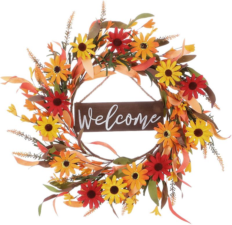 Photo 1 of Fall Flower Wreath,20” Artificial Autumn Wreath with Burgundy Orange Yellow Daisies Fall Front Door Wreath with Wooden Welcome Sign for Home Farmhouse Decor and Thanksgiving Day Celebration
