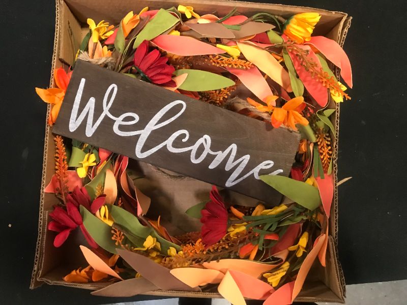 Photo 2 of Fall Flower Wreath,20” Artificial Autumn Wreath with Burgundy Orange Yellow Daisies Fall Front Door Wreath with Wooden Welcome Sign for Home Farmhouse Decor and Thanksgiving Day Celebration
