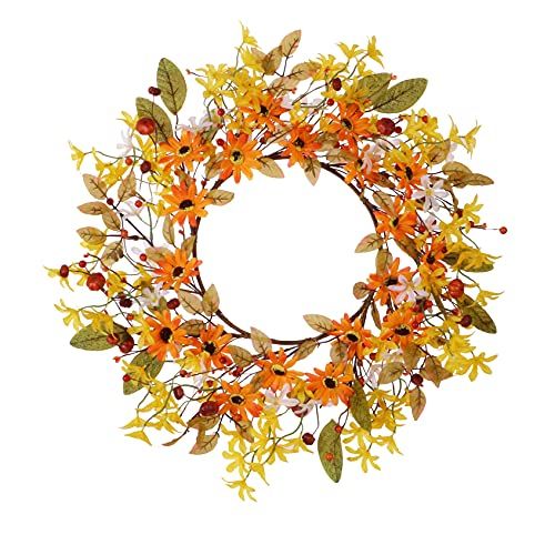 Photo 1 of Artificial Fall Flower Wreath,20” Orange Yellow White Floral Wreath Autumn Wreath with Pumpkins and Berries Front Door Wreath for Home Decor and Thanksgiving Celebration
