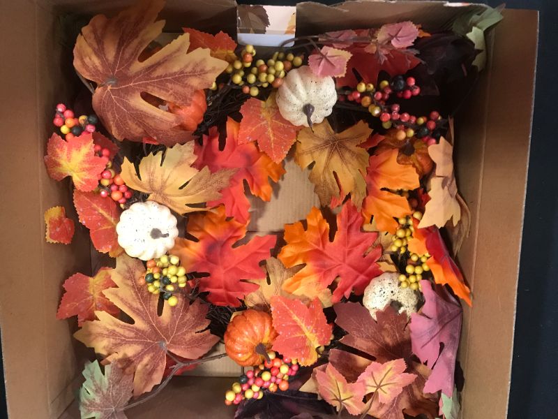 Photo 2 of 18" Artificial Maple Leaves Fall Wreath Autumn Wreath with Colorful Maple Leaves Pumpkin Pine Cone and Berries, Harvest Wreath for Front Door Table Wall and Thanksgiving Decoration
