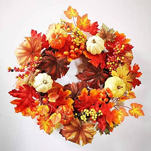 Photo 1 of 18" Artificial Maple Leaves Fall Wreath Autumn Wreath with Colorful Maple Leaves Pumpkin Pine Cone and Berries, Harvest Wreath for Front Door Table Wall and Thanksgiving Decoration
