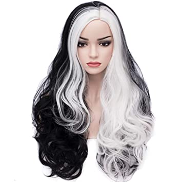 Photo 1 of BERON Black White Two Tone Wig Long Curly Wig Women Girls Charming Full Wig Long Wavy Wig Black White Split Wig for Cosplay Party Wig Cap Included
