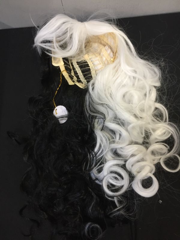 Photo 3 of BERON Black White Two Tone Wig Long Curly Wig Women Girls Charming Full Wig Long Wavy Wig Black White Split Wig for Cosplay Party Wig Cap Included
