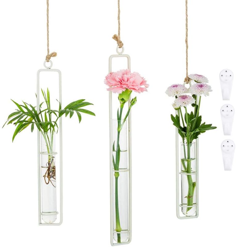 Photo 1 of 3Pcs/Set Glass Hanging Planter Terrarium White Iron Art Hydroponic Test Tube Vase with Twine Rope and Hook Pots, Small + Medium + Large, Flower Water Container Decoration for Home Office Wedding
