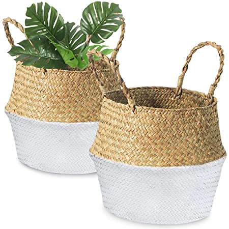 Photo 1 of Yesland 2 Pack Woven Seagrass Plant Basket with Handles, Ideal Wicker Baskets Storage Plant Pot Basket for Laundry, Picnic, Plant Pot Cover, Beach Bag and Grocery Basket (L)
