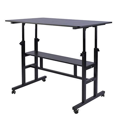 Photo 1 of AIZ Mobile Standing Desk, Adjustable Computer Desk Rolling Laptop Cart on Wheels Home Office Computer Workstation, Portable Laptop Stand Tall Table for Standing or Sitting, Black 31.5" x 19.7"
