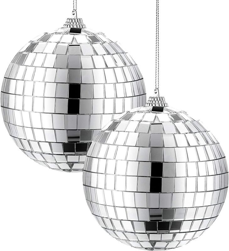 Photo 1 of 2 Pieces Mirror Disco Ball, 70's Disco Party Decoration, Hanging Ball for Party or DJ Light Effect, Home Decorations, Stage Props, Game Accessories (Silver, 4 Inch)
