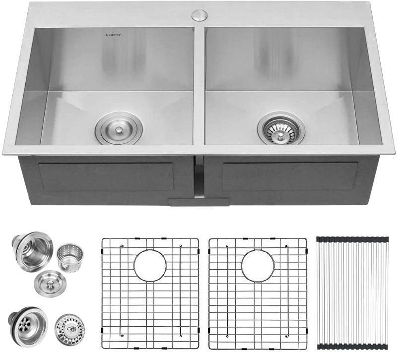 Photo 1 of 33 Kitchen Sink Double Bowl - Logmey 33x22 Inch Drop In Topmount 18 Gauge Stainless Steel Double Boel 50/50 Kitchen Sink
