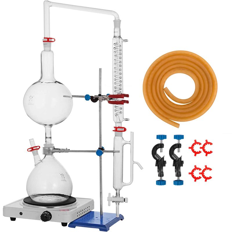 Photo 1 of  2L Essential Oil Distillation Apparatus Lab Glassware Distillation Kit Water Distiller Purifier WITHOUT Hot Stove Condenser, S35 & 24 or 40 Joint
