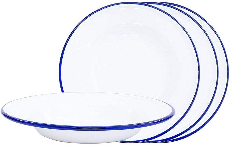 Photo 1 of Crow Canyon Enamelware Round Dinner Salad Serving Plates, Classic Tableware - Set of 4 - Solid White with Blue Rim Color, 8 Inches
