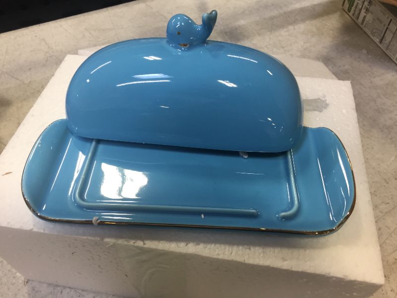 Photo 2 of BFU Porcelain Butter Dish, Large Butter Dish with Whale Top Cover, Ceramic Butter Dishes with Handle, Measuring Line,Perfect for East/West Coast Butter, Sky Blue
