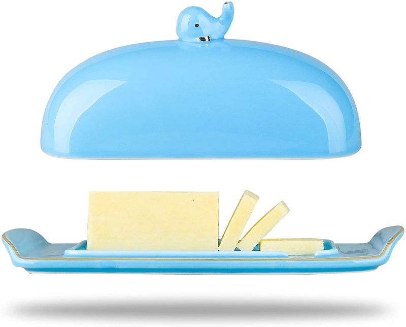 Photo 1 of BFU Porcelain Butter Dish, Large Butter Dish with Whale Top Cover, Ceramic Butter Dishes with Handle, Measuring Line,Perfect for East/West Coast Butter, Sky Blue
