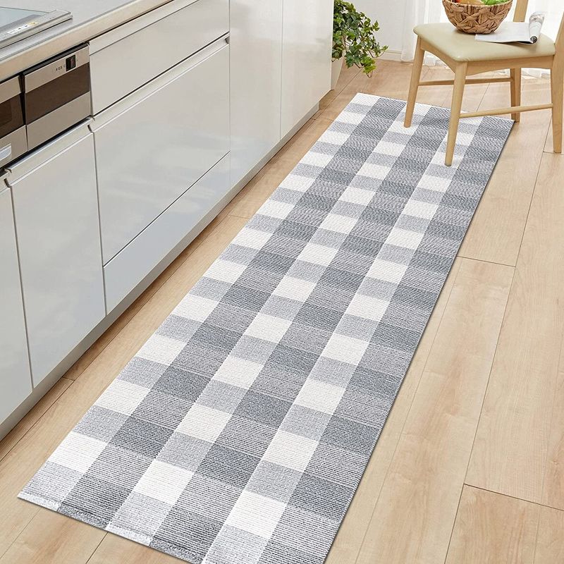 Photo 2 of Cotton Buffalo Plaid Runner Rug Hand-Woven Washable Retro Lattice Checkered Outdoor Rug Black and White Area Rug for Living Room, Kitchen, Dining Room, Bedroom (Grey and White, 2x8)
