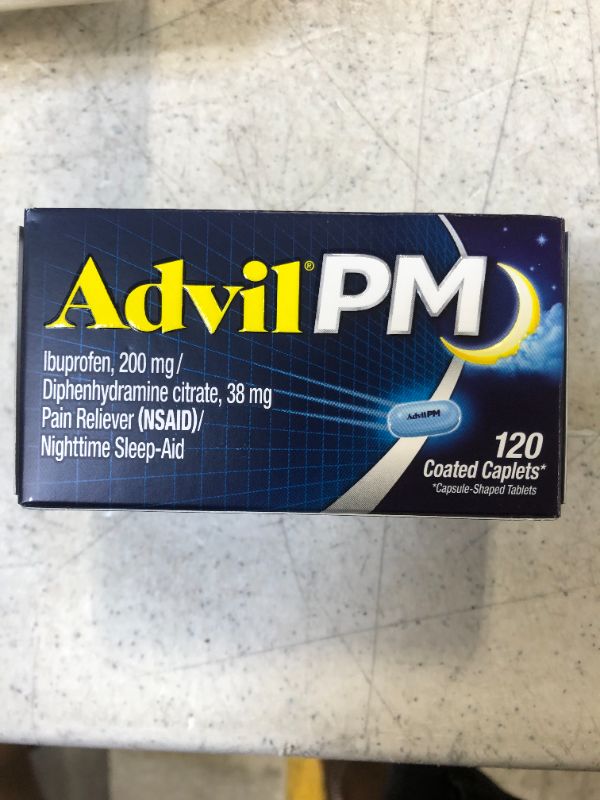 Photo 1 of Advil PM Pain Reliever And Nighttime Sleep Aid, Pain Medicine With Ibuprofen For Pain Relief And Diphenhydramine Citrate For A Sleep Aid - 120 Coated Caplets Exp 12.23
