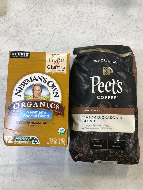 Photo 1 of Peet's Major Dickason Dark Roast Whole Bean Coffee - 18oz and a box of Newman's Special Blend Extra Bold (24 K-cups) Keurig