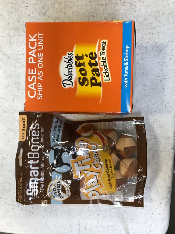 Photo 1 of SmartBones PlayTime Chews Small Peanut Butter Dog Treats, 10 Ct and a box of Hartz Lickable Wet Cat Treats 12 Pack