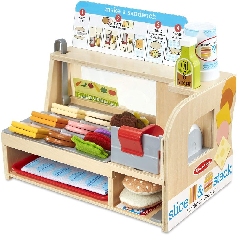 Photo 1 of Melissa & Doug Wooden Slice & Stack Sandwich Counter with Deli Slicer – 56-Piece Pretend Play Food Pieces
