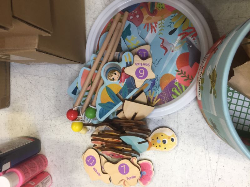 Photo 1 of TOOKYLAND Magnetic Wooden Fishing Game with Jigsaw Puzzle Fishing Pool for Toddler Age 3+, Including 20 Colorful Fishes,3 Wood Poles and 1 Bucket for Storage
