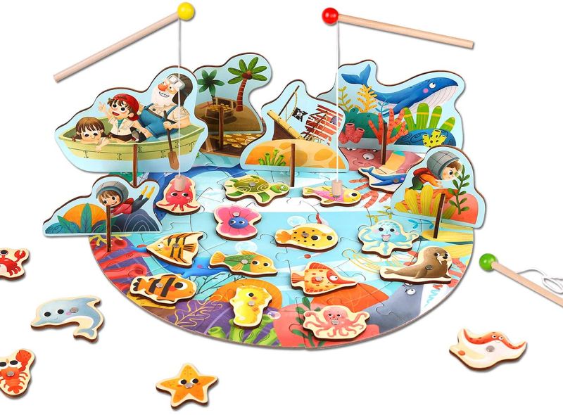 Photo 1 of TOOKYLAND Magnetic Wooden Fishing Game with Jigsaw Puzzle Fishing Pool for Toddler Age 3+, Including 20 Colorful Fishes,3 Wood Poles and 1 Bucket for Storage
