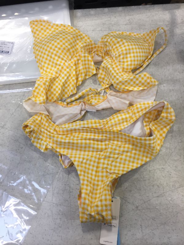 Photo 1 of Large yellow plaid women's two piece bathing suit