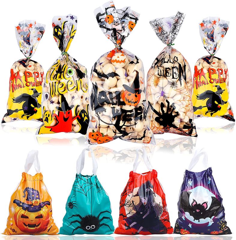 Photo 1 of 170 Pieces Halloween Treat Bags, 50 Halloween Drawstring Candy Bags and 120 Cellophane Treat Bags with 4" Twist Ties, 2 Sizes & 8 Designs Halloween Plastic Goodie Bags for Halloween Party Favors
