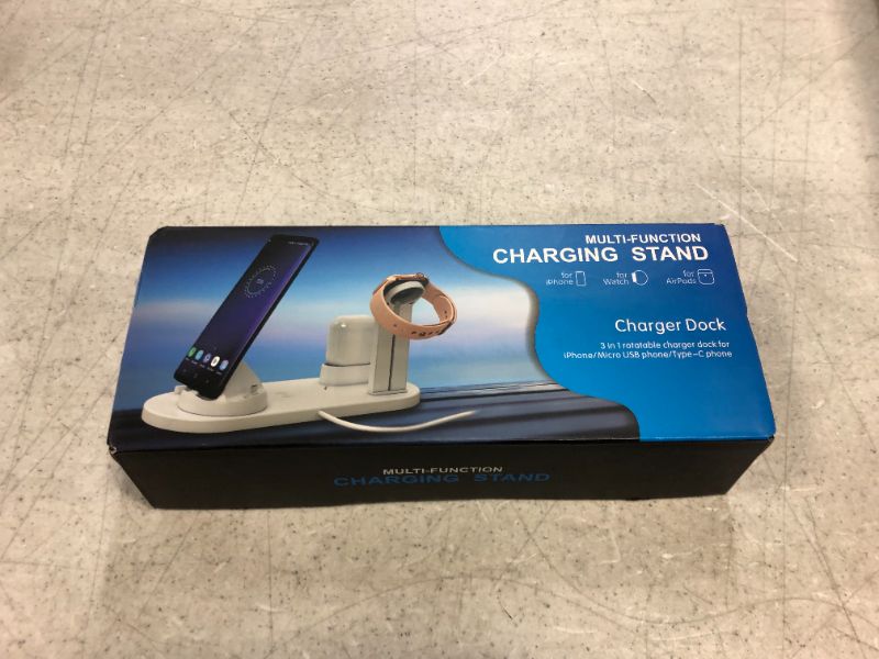 Photo 2 of Multi-Function Charging Stand, 3 in 1 Rotatable Charger Dock for iPhone/Micro USB Phone/Type-C Phone, QI-Certified Wireless Charger Pad for QI-Enabled Phone, iWatch/AirPods Charger
