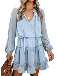 Photo 1 of BTFBM Women Casual Fall Dresses V Neck Tie Neck Long Sleeve High Waist Dot Ruffle Tiered A Line Solid Swing Mini Dress
s