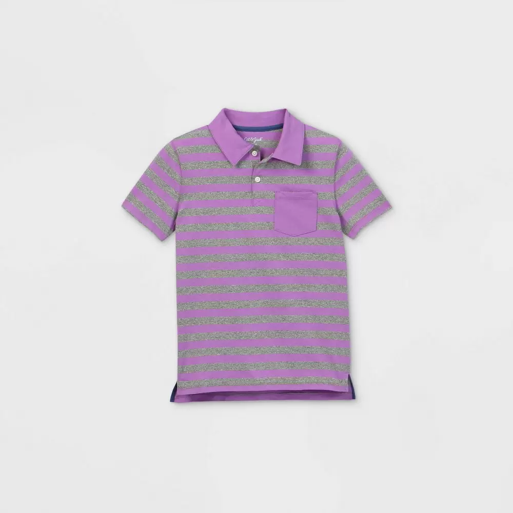 Photo 1 of Boys' Short Sleeve Striped Knit Polo Shirt - Cat & Jack Purple/Gray M