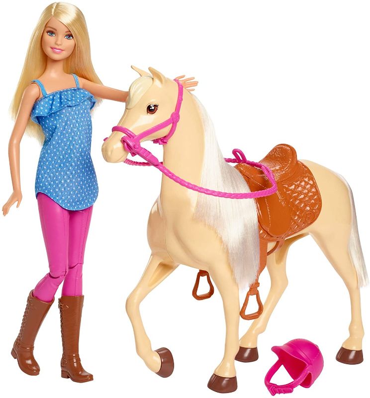 Photo 1 of  Barbie Doll, Blonde, Wearing Riding Outfit with Helmet, and Light Brown Horse with Soft White Mane and Tail, Gift for 3 to 7 Year Olds
