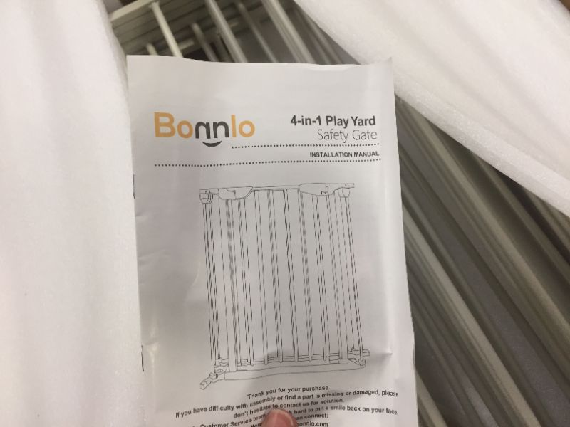 Photo 1 of Bonnlo 73-Inch Versatile Safety Gate Metal Baby/Pet Gate Configurable Dog Barrier - Ideal for Wide Door Openings, Stairways, Doorways, Includes Wall Mounts (25.39"W x 29.3" H Each Panel, White)
