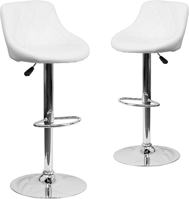 Photo 1 of Flash Furniture 2 Pack Contemporary White Vinyl Bucket Seat Adjustable Height Barstool with Diamond Pattern Back and Chrome Base
