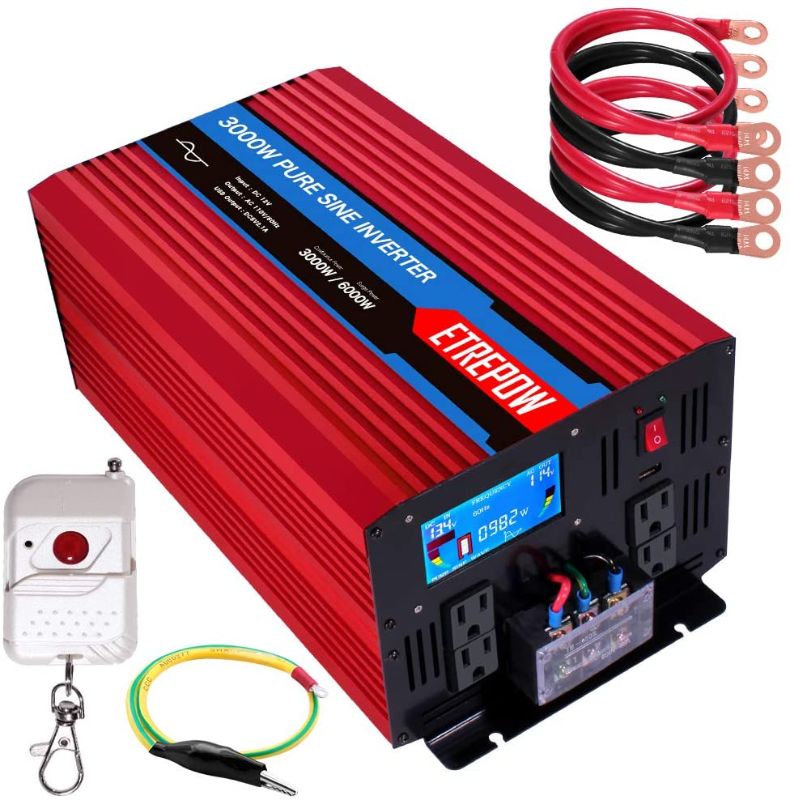Photo 1 of **REFER TO CLERK COMMENTS** ETREPOW 3000 Watt Pure Sine Wave Power Inverter 12V to 110V 120V with LCD Display,Wireless Remote Control,4 AC Sockets, 2.1A USB Port, Dual Fans - Off Grid Inverter 6000 Watt Peak for RV Truck Car 
