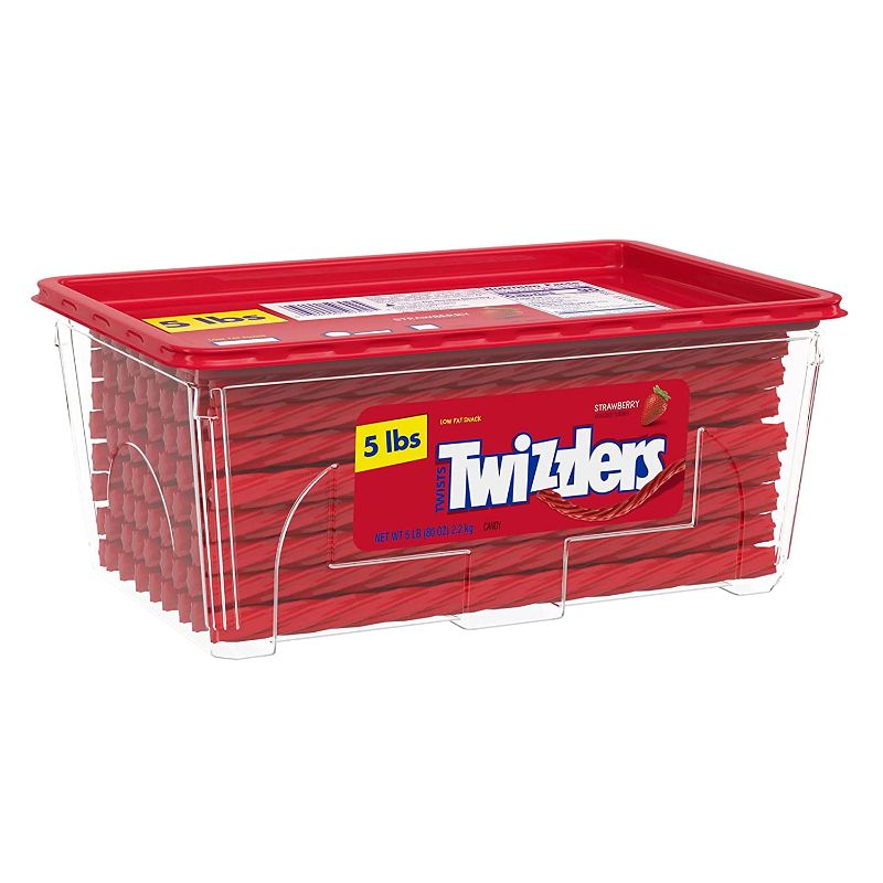 Photo 1 of (EXP 04/2022) TWIZZLERS Twists Strawberry Flavored Chewy Candy, Holiday, 80 oz Container
