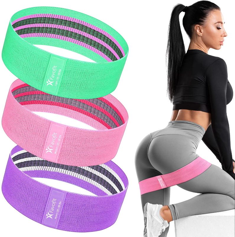 Photo 1 of ( 2 PACK) Favofit Resistance Bands for Women and Men, Set of 3, Upgraded Booty Exercise Bands for Home or Gym Fitness Working Out, Non Slip Fabric Workout Bands with Action Guide and Carry Bag
